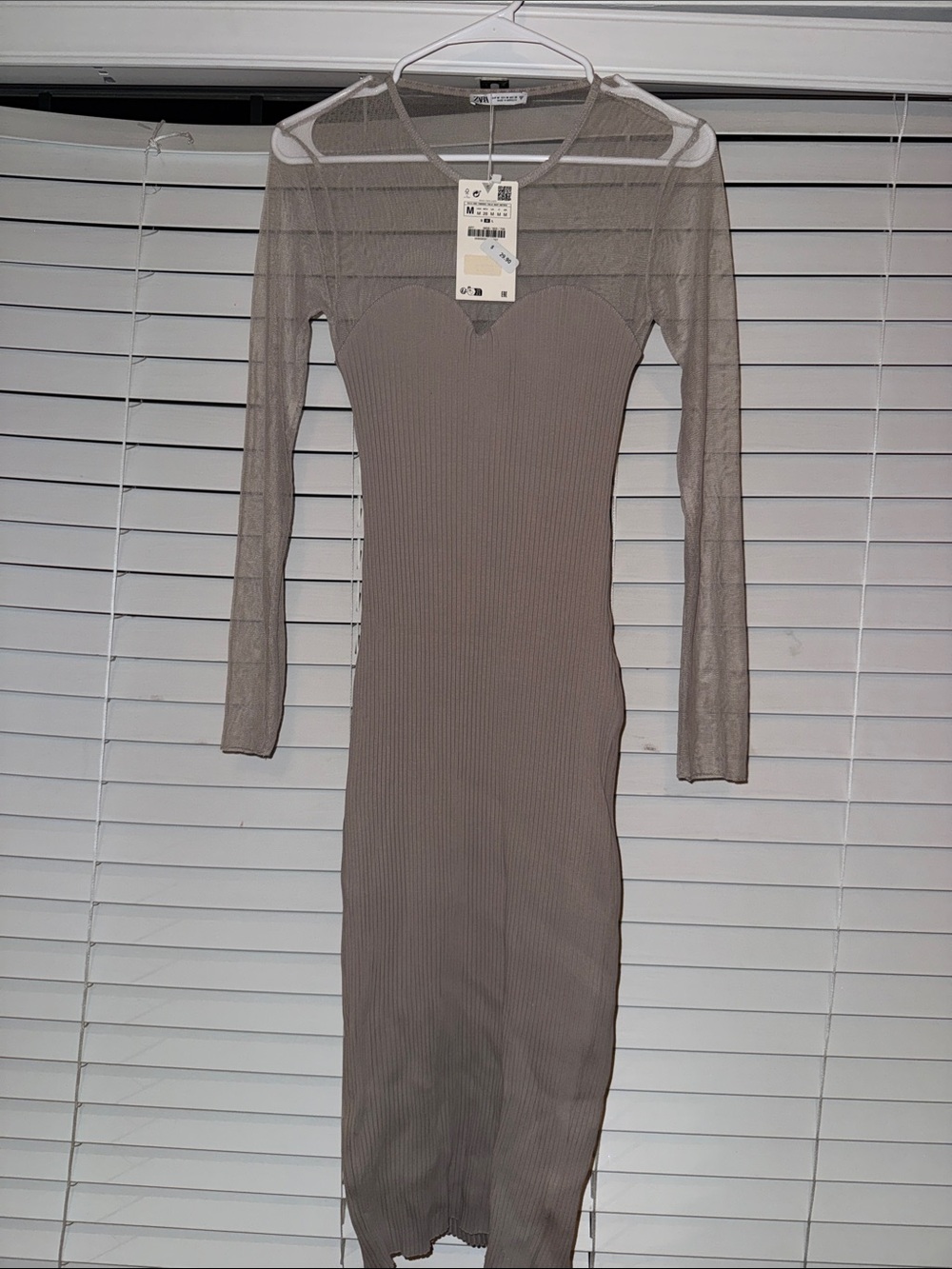 Zara Taupe Ribbed Midi Dress with Sheer Long Sleeves - Picture 2 of 6